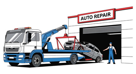 Tow truck unloading damaged car at repair shop entrance. Ideal for roadside assistance visuals, auto repair ads, and vehicle recovery illustrations