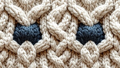 A cream cable knit pattern with blue accents in a repeating, stylized owl eye shape
