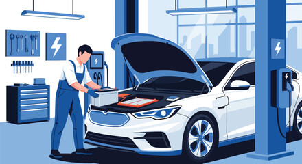 Mechanic installing new car battery inside modern garage. Ideal for maintenance ads, automotive service content, repair shop visuals, and mechanic illustrations
