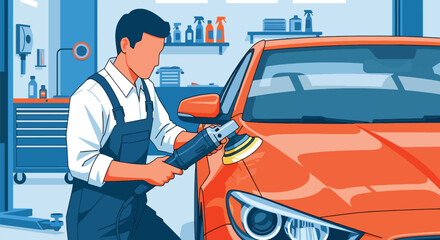 Detailing worker polishing car exterior for shine and finish quality. Ideal for auto cleaning ads, detailing services, car wash marketing, and automotive care visuals