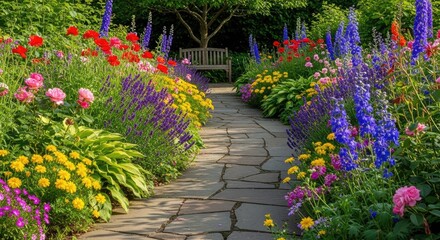 Fototapeta premium A stone path leads to a bench in a garden filled with colorful flowers