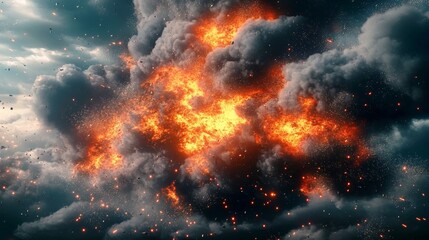 Dramatic explosion in the night sky with billowing flames, smoke clouds, and intense energy effects.