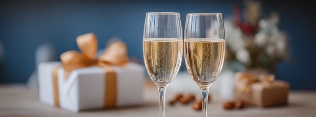Two champagne glasses with golden ribbons wrapped gifts and blurred festive decorations