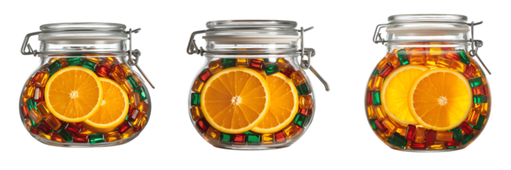 Three jars with orange slices and candy isolated on transparent background