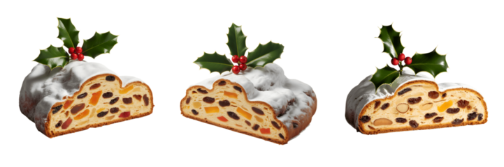 Three slices of stollen with holly decoration isolated on transparent background