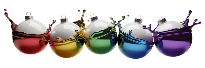 Rainbow liquid splashing into christmas ornaments isolated on transparent background