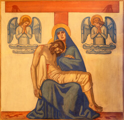 Fototapeta premium Zurich - The fresco of Deposition - Pieta as the part of Cross way of church St. Anton by Fritz Kunz (1921).