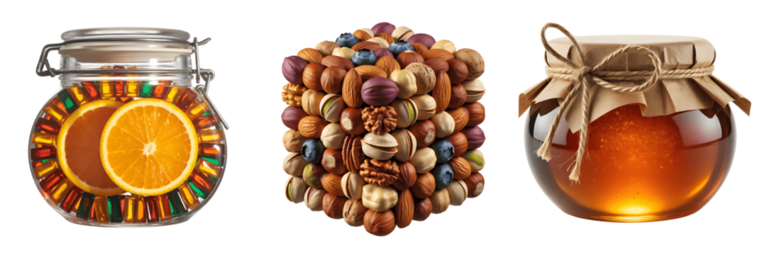 Jar of citrus, cube of nut, and jar of honey isolated on transparent background