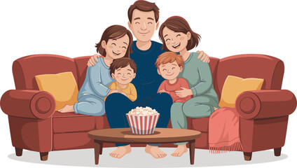 Family, couch, popcorn, movie night, bonding, children, parents, cozy, home, togetherness, smiles, relaxation, love, joyful, weekend, comfort, living room, blanket, happy, casual