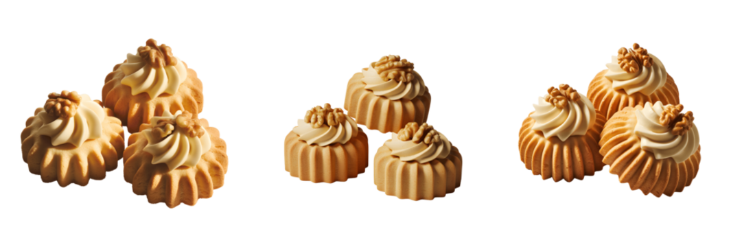 Assortment of piped butter cookies with nut topping isolated on transparent background