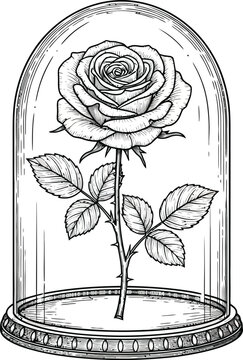 Enchanted rose under a glass bell jar shows beauty and the beast fairytale with love magic