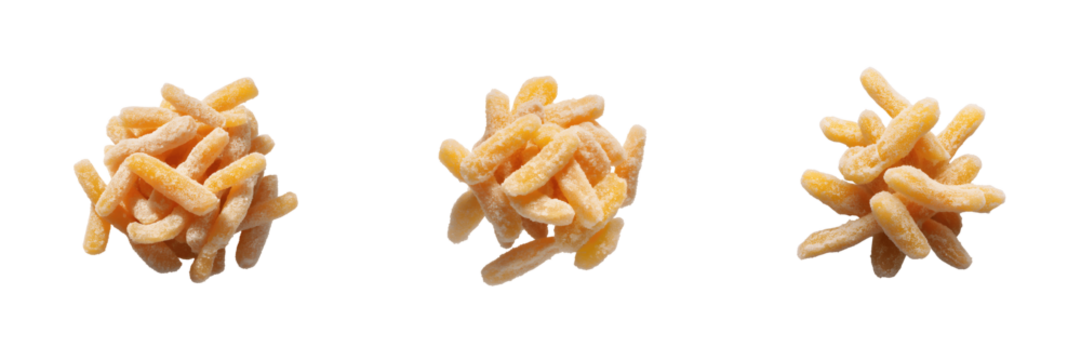 Three piles of puffed corn snack food isolated on white isolated on transparent background