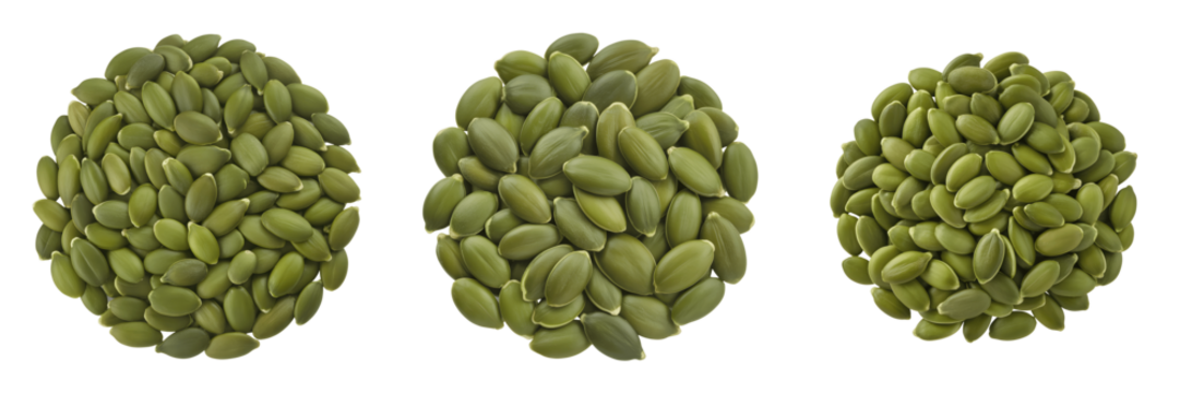 Three piles of green pumpkin seed kernels isolated on white isolated on transparent background