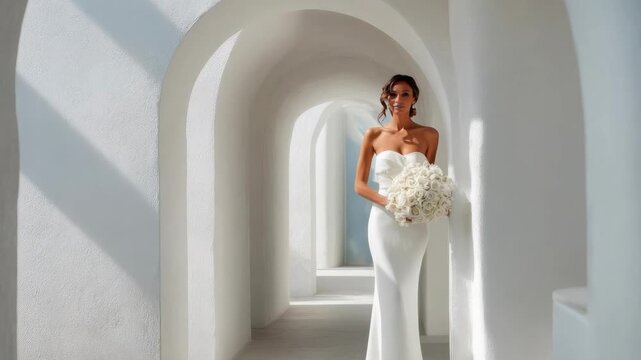 A bride in a strapless white wedding gown holds a bouquet in a sunlit, arched white hallway.