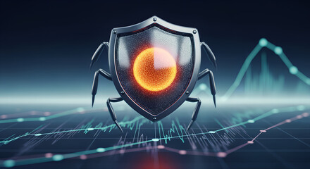 Shield with glowing core, threat detection, Cybersecurity Shield with Glowing Core, Threat Detection Concept. Futuristic 3D shield with radiant center and mechanical legs on a data grid