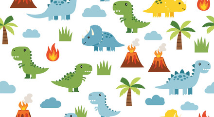 Seamless pattern of cute baby dinosaurs with volcanoes, trees, clouds, and playful shapes. Ideal for kids’ products, wallpapers, textiles, and nursery decorations