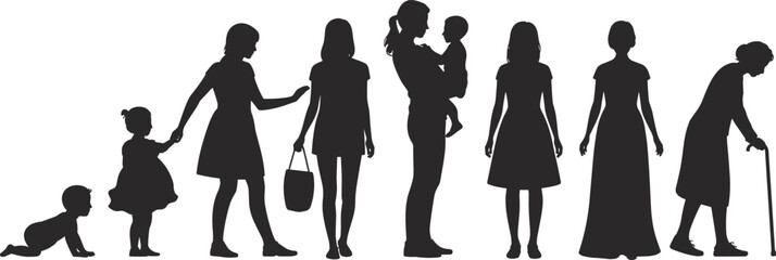 Female life stages, woman aging, silhouette progression, girl to elder, human development, age timeline, growth phases, generational change, aging journey, life cycle