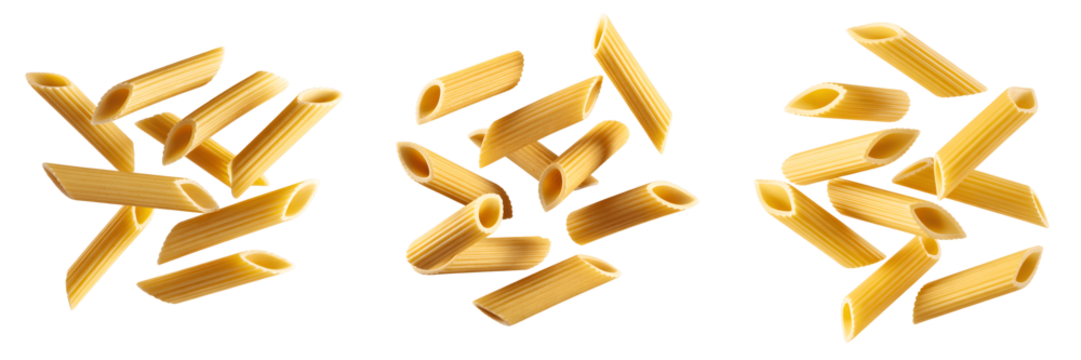 Penne pasta pieces floating isolated on transparent background
