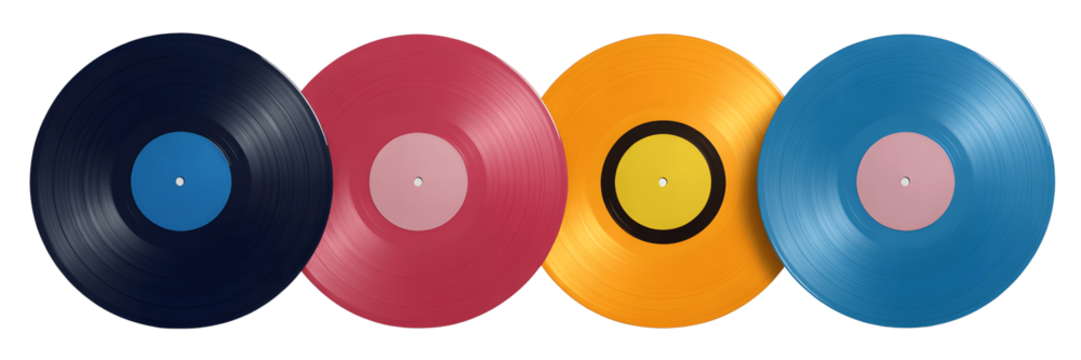 Four colored vinyl records isolated on transparent background