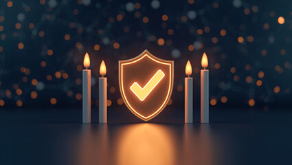 Glowing Shield with Check Mark and Candles, Trust and Security Concept