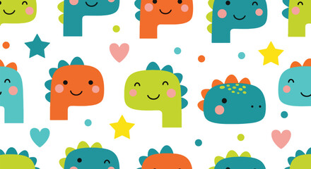 Repeating kawaii dinosaur heads with stars, hearts, and geometric dots. Ideal for children’s designs, stationery, textiles, and fun modern patterns