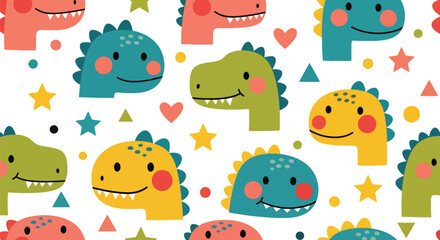 Fototapeta premium Repeating kawaii dinosaur heads with stars, hearts, and geometric dots. Ideal for children’s designs, stationery, textiles, and fun modern patterns