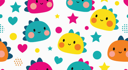 Repeating kawaii dinosaur heads with stars, hearts, and geometric dots. Ideal for children’s designs, stationery, textiles, and fun modern patterns
