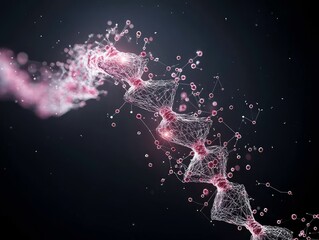 An abstract 3D render of a neural network structure with interconnected nodes and glowing pink elements against a dark, speckled background. The network appears