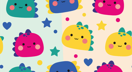 Repeating kawaii dinosaur heads with stars, hearts, and geometric dots. Ideal for children’s designs, stationery, textiles, and fun modern patterns