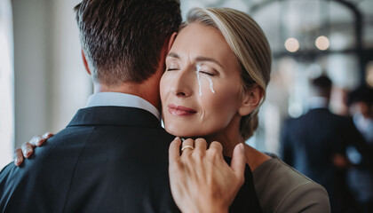 Emotional support. Woman crying, embraces a man.  A portrait showcasing empathy, solace, grief, or compassion. Ideal for mental health or relationship content.