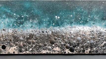 An abstract macro view of textured ocean waves and pebbles, with a focus on the detailed surface of the water and the varied sizes of spherical elements on the