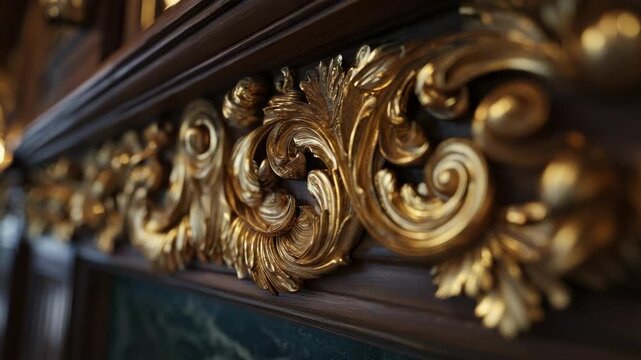 Ornate gilded scrollwork carving on dark wood, decorative furniture trim.