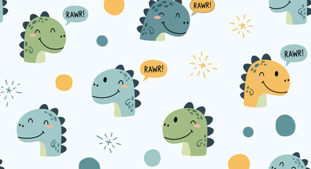 Seamless vector pattern of kawaii dinosaur faces with tiny speech bubbles and stars. Ideal for children’s stationery, wallpapers, and themed packaging