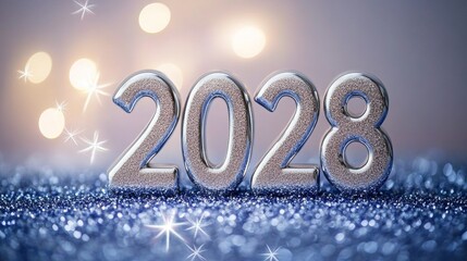 Stylish Reflective Silver 2028 Numbers on a Lilac Bokeh Background for Festive New Year Celebration