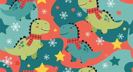 Seamless winter pattern featuring cute baby dinosaurs wearing scarves with snowflakes. Ideal for seasonal kids’ products, fabrics, and winter-themed decorations