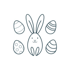 Outline Easter Bunny and Decorated Eggs Icon. Minimalist Line Art Vector Illustration for Spring Holiday and Celebration Design.