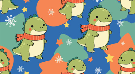 Seamless winter pattern featuring cute baby dinosaurs wearing scarves with snowflakes. Ideal for seasonal kids’ products, fabrics, and winter-themed decorations