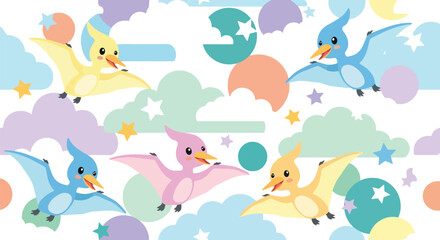 Repeating pattern of adorable flying pterosaurs among clouds and stars. Ideal for kids’ wallpapers, fabrics, and dreamy prehistoric-sky themes