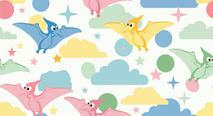 Repeating pattern of adorable flying pterosaurs among clouds and stars. Ideal for kids’ wallpapers, fabrics, and dreamy prehistoric-sky themes