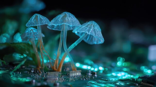 Glowing blue mushrooms growing on electronic circuit board, futuristic bio-technology concept, cyberpunk nature background, neural network integration, macro view