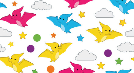 Repeating pattern of adorable flying pterosaurs among clouds and stars. Ideal for kids’ wallpapers, fabrics, and dreamy prehistoric-sky themes