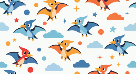 Repeating pattern of adorable flying pterosaurs among clouds and stars. Ideal for kids’ wallpapers, fabrics, and dreamy prehistoric-sky themes