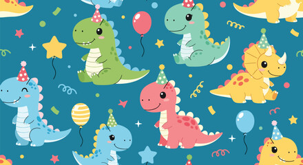 Obraz premium Festive seamless pattern featuring cute dinosaurs wearing party hats with confetti. Ideal for birthday designs, party goods, kids’ textiles, and celebratory themes