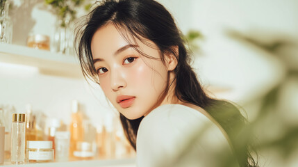 soft beauty portrait in natural sunlight, skincare, makeup