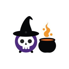 A cute, simplified illustration of a purple skull wearing a witch's hat next to a black cauldron with orange flames/smoke.