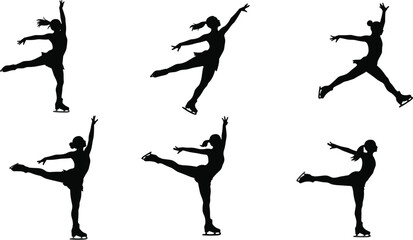 Figure, skating, silhouette, skater, ice, dance, pose, motion, elegance, balance, winter, sport, athlete, vector, illustration, ponytail, routine, performance, artistry, glide © Ezazul Haque