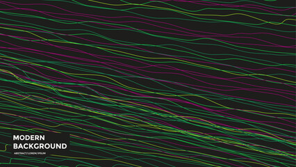 Abstract neon green and pink wavy lines flow across black background