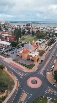 Vertical aerial footage showing a slow advance towards the St Francis Xavier Cathedral in Geraldton, Perth, Western Australia