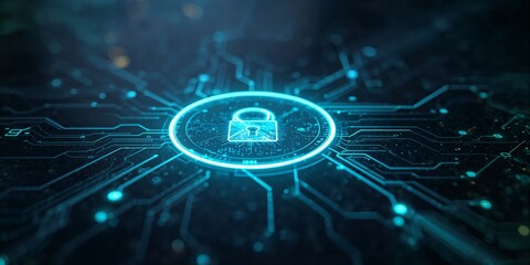 A glowing digital lock icon sits at the center of a futuristic circuit board pattern with bright blue lines and nodes to create a high tech visual emphasizing security and data protection
