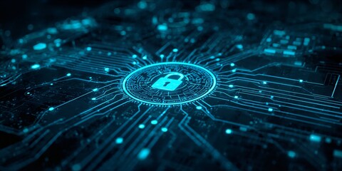 A glowing digital lock icon sits at the center of a blue circuit board pattern with luminous connections outward to create a high tech visual emphasizing data protection and network security elements